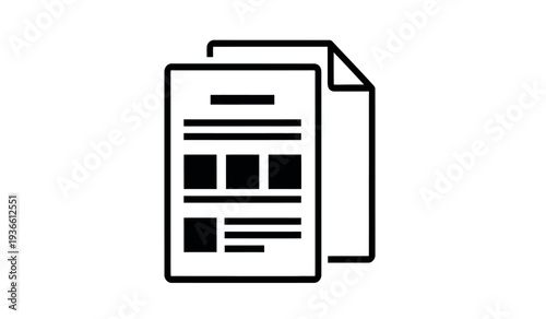 A simple line icon of two sheets of paper with lines and rectangles representing text and images