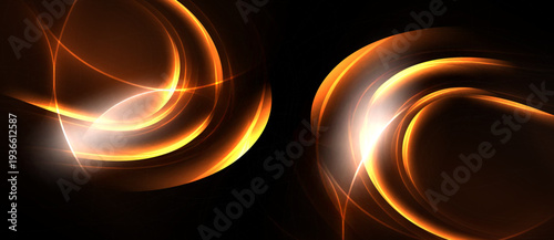 Abstract orange swirls, luminous lines, dark background. Bright glow creates dynamic visual impact, modern design elements.