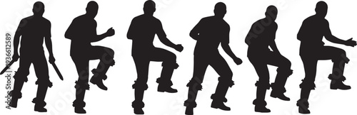 Black Solid African Gumboot Dance Silhouettes Set of Six on White Background