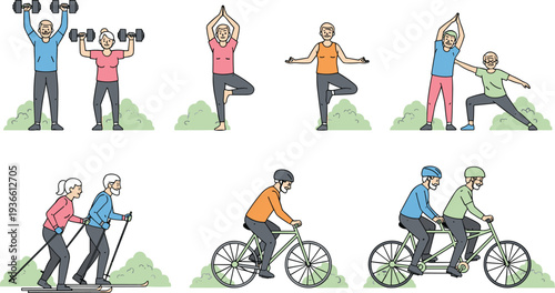 Senior people doing fitness exercises cycling yoga and walking healthy lifestyle flat vector illustration set
