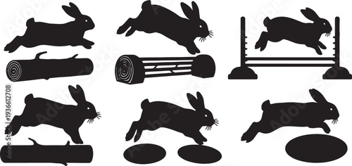 Black Solid Agility Bunny Silhouettes Set of Six on White Background