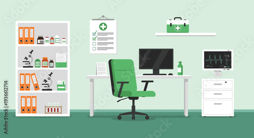 Modern medical clinic office interior with doctor desk equipment and healthcare tools flat vector illustration