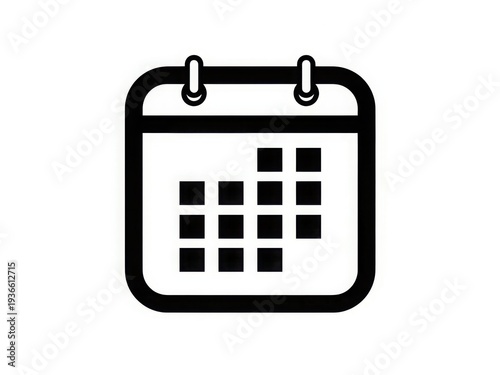 A black and white calendar icon with a day marked with black squares