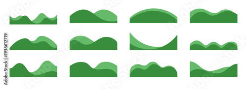 Shape separator wave for divider grass curve and footer website vector. Banner green design for web page top and header bottom set. Shape cloud corner for divider background border and grass