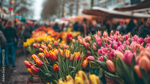 Ai Colorful tulips at a busy market during spring with many people browsing and enjoying the fresh flowers and vibrant atmosphere