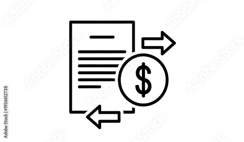 A black and white line icon of a document with a dollar sign and arrows indicating financial transaction or payment