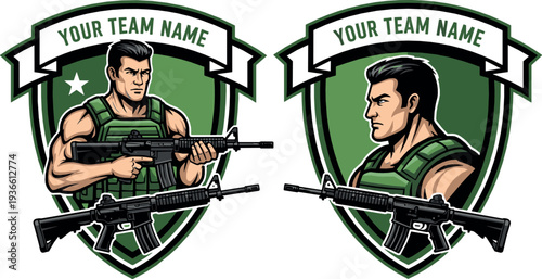 Military team emblem with armed soldier mascot – tactical badge logo template