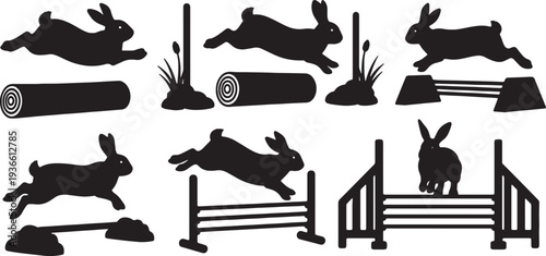 Black Solid Agility Bunny Silhouettes Set of Six on White Background