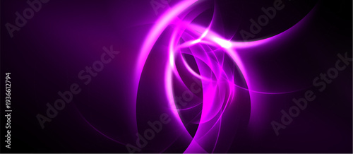 Bright purple energy swirls, radiating light against dark background. Abstract design evokes motion, power, mystery.