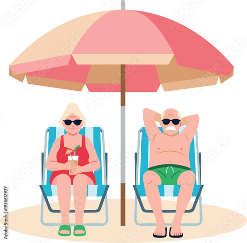 Senior couple relaxing on beach chairs under umbrella summer vacation flat vector illustration