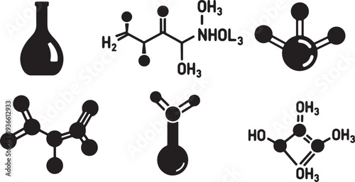 Black Solid Alcohol Solvent Silhouettes Set of Six on White Background