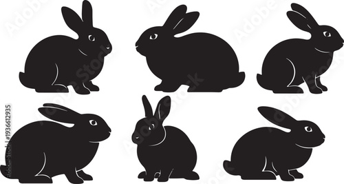 Black Solid Alert Eyes Bunny Silhouettes Set of Six on White Background