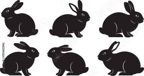 Black Solid Alert Eyes Bunny Silhouettes Set of Six on White Background
