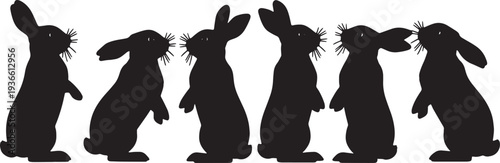 Black Solid Alert Standing Bunny Silhouettes Set of Six on White Background