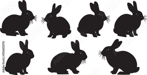 Black Solid Alert Eyes Bunny Silhouettes Set of Six on White Background