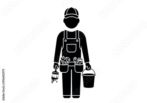 Black silhouette of a worker in overalls and a cap holding tools and a bucket
