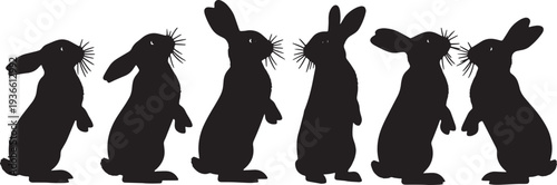 Black Solid Alert Standing Bunny Silhouettes Set of Six on White Background
