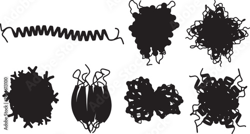 Black Solid Amino Acid Protein Silhouettes Set of Six on White Background