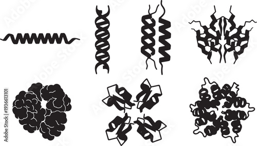 Black Solid Amino Acid Protein Silhouettes Set of Six on White Background