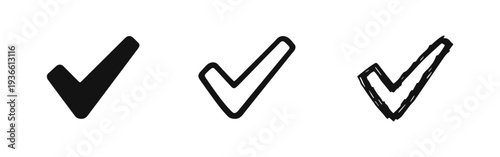 Check mark icon set in flat, line, and doodle styles. Correct symbol, tick sign vector illustration.