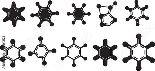 Black Solid Painkiller Molecular Silhouettes Set of Six on White Background