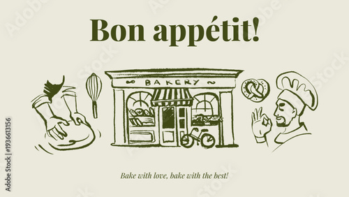 Doodle baking set with chef, tools and cafe fasad in crayon sketch style. Vintage culinary process, cozy kitchen, bakery branding. Hand drawn vector illustration