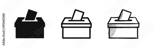 Set of ballot box icons in flat, line, and doodle styles. Election voting symbol vector illustration.
