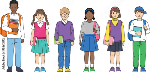 School children students with backpacks and books standing together flat vector illustration set