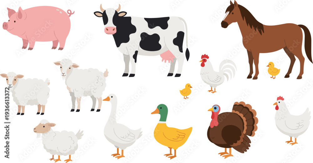 Fototapeta premium Farm animals collection with pig cow horse sheep duck chicken and turkey flat vector illustration set