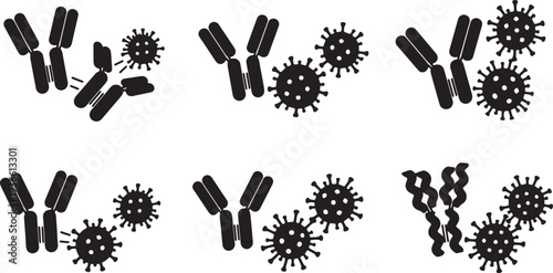 Black Solid Antibody and Virus Silhouettes Set of Six on White Background