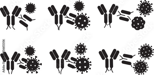 Black Solid Antibody and Virus Silhouettes Set of Six on White Background