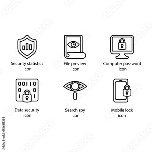 Security statistics, File preview, Computer password, Data security, Search spy, Mobile lock, icon