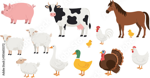 Farm animals collection with pig cow horse sheep duck chicken and turkey flat vector illustration set