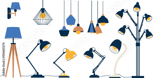 Modern lighting fixtures set – floor lamps, desk lamps and pendant lights illustration