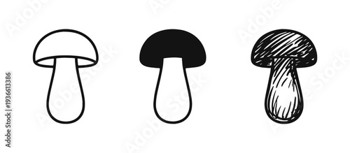 Mushroom icon set in three different styles: outline, solid, and hand-drawn. Edible forest fungus graphics.