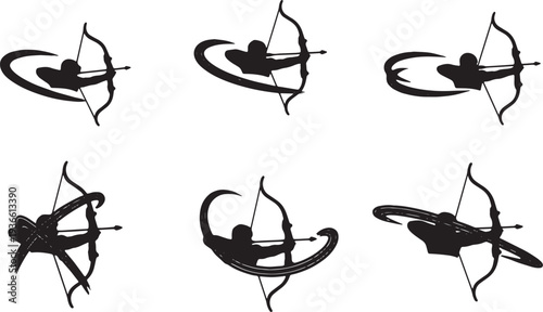 Black Solid Archery Light Silhouettes Set of Six on White Background
