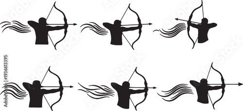 Black Solid Archery Light Silhouettes Set of Six on White Background
