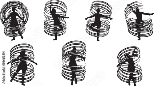 Black Solid Artistic Hula Hoop Silhouettes Set of Six on White Background