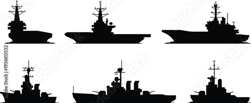 Military warship silhouettes collection with aircraft carrier destroyer and battleship naval fleet vessels isolated maritime defense ship icons