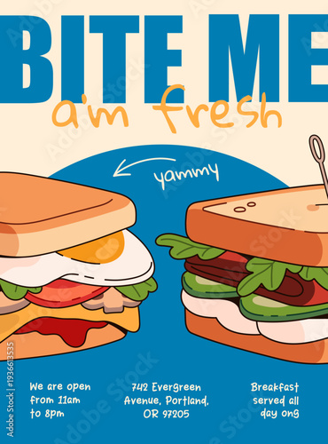 Design of advertising poster of cafe with sandwiches on layout. Promotion of fast food restaurant with burgers on template. Fastfood: toast bread with meat and vegetables. Flat vector illustration