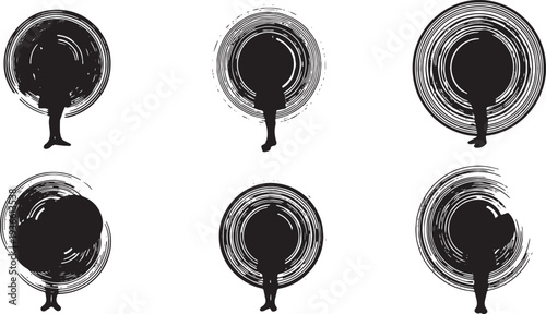 Black Solid Artistic Hula Hoop Silhouettes Set of Six on White Background