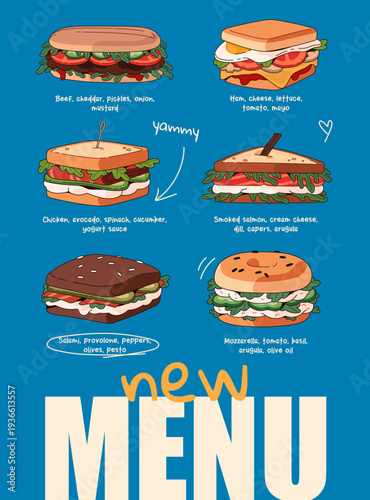 Design of new menu of cafe with different sandwich and their ingredients. Advertising template of fast food restaurant with burgers, bagels and toasts. Layout with fastfood. Flat vector illustration