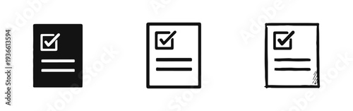 Checklist document icon set in flat, line, and doodle styles. To do list, task completion symbol.