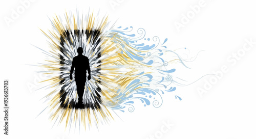 Silhouette of a person stepping into a bright, energetic portal with flowing abstract elements