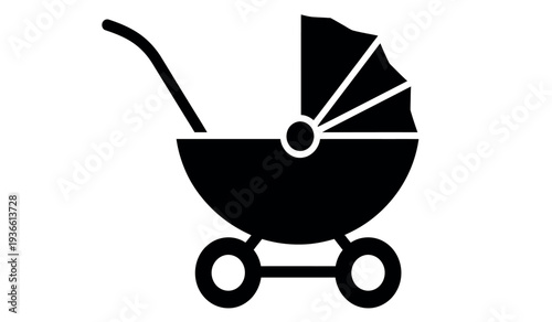 A black silhouette of a baby stroller with a curved handle and wheels