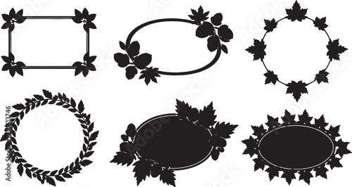 Black Solid Autumn Border Silhouettes Set of Six on White Background