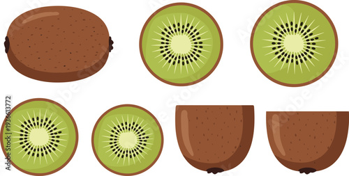 Kiwi fruit whole and sliced fresh tropical healthy food flat vector illustration set