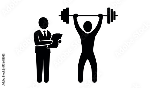 Businessman watches as a person lifts weights in a simple black silhouette vector graphic