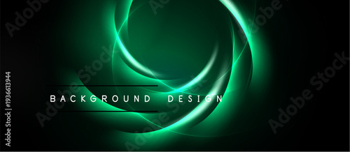 Dark background features swirling green neon lines. Text reads background design centered below curves. Modern abstract visual.