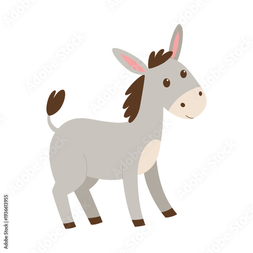 Cute Donkey Vector Illustration. Cartoon Farm Animal Character. Grey Donkey Isolated on White Background.